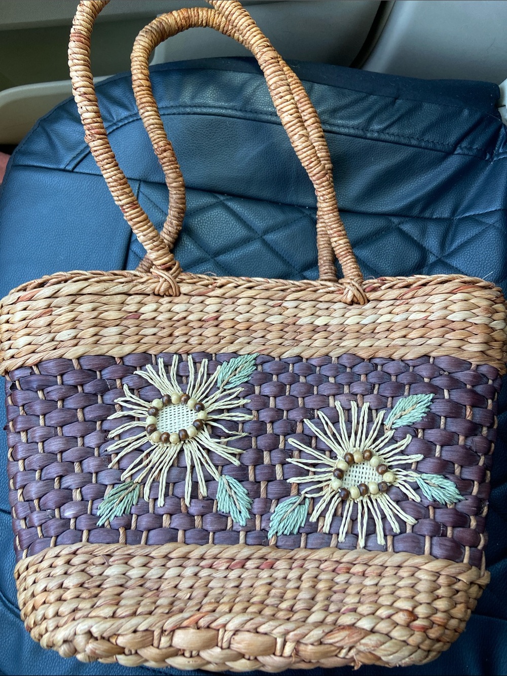 Woven Straw Floral Tote Bag in Natural and Purple